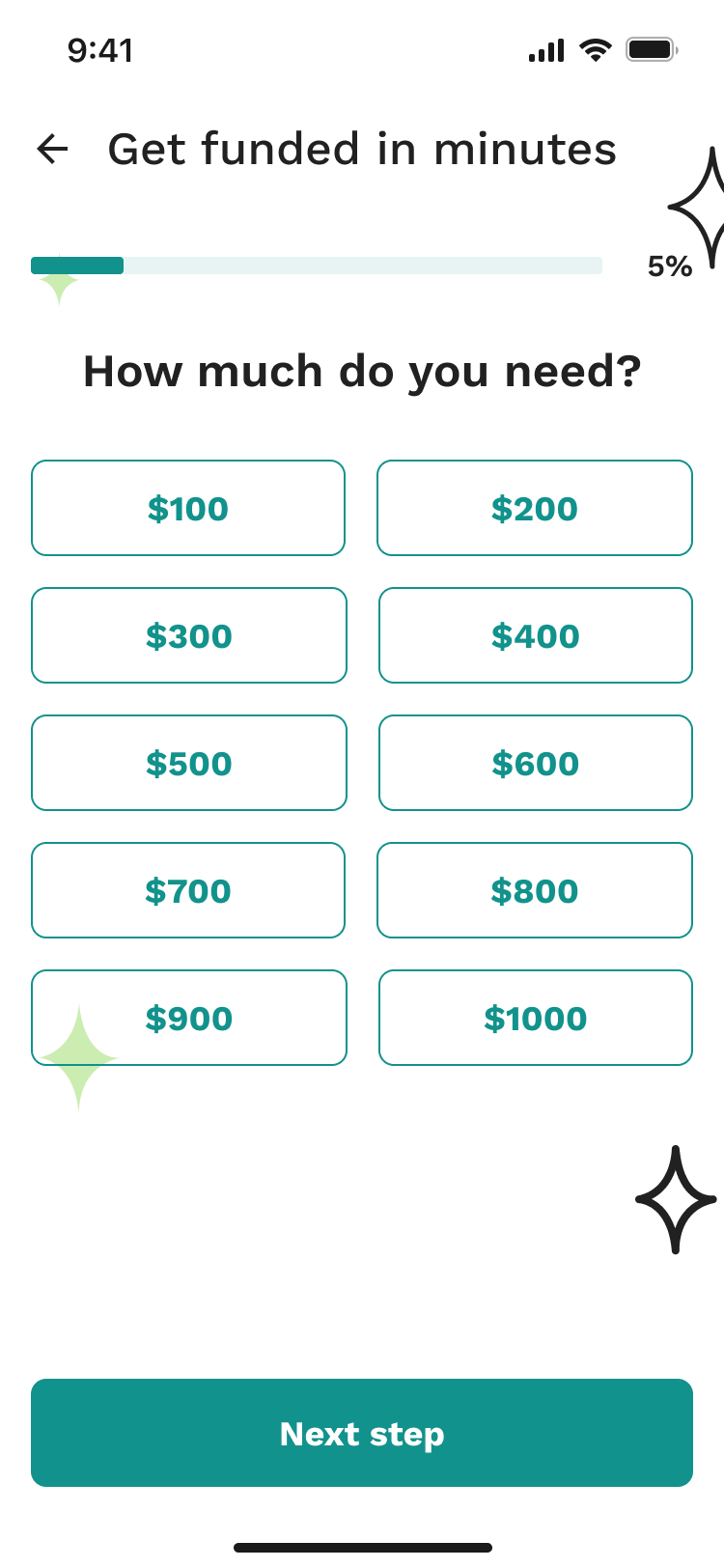 App screen asking how much money you need, with amounts to choose from