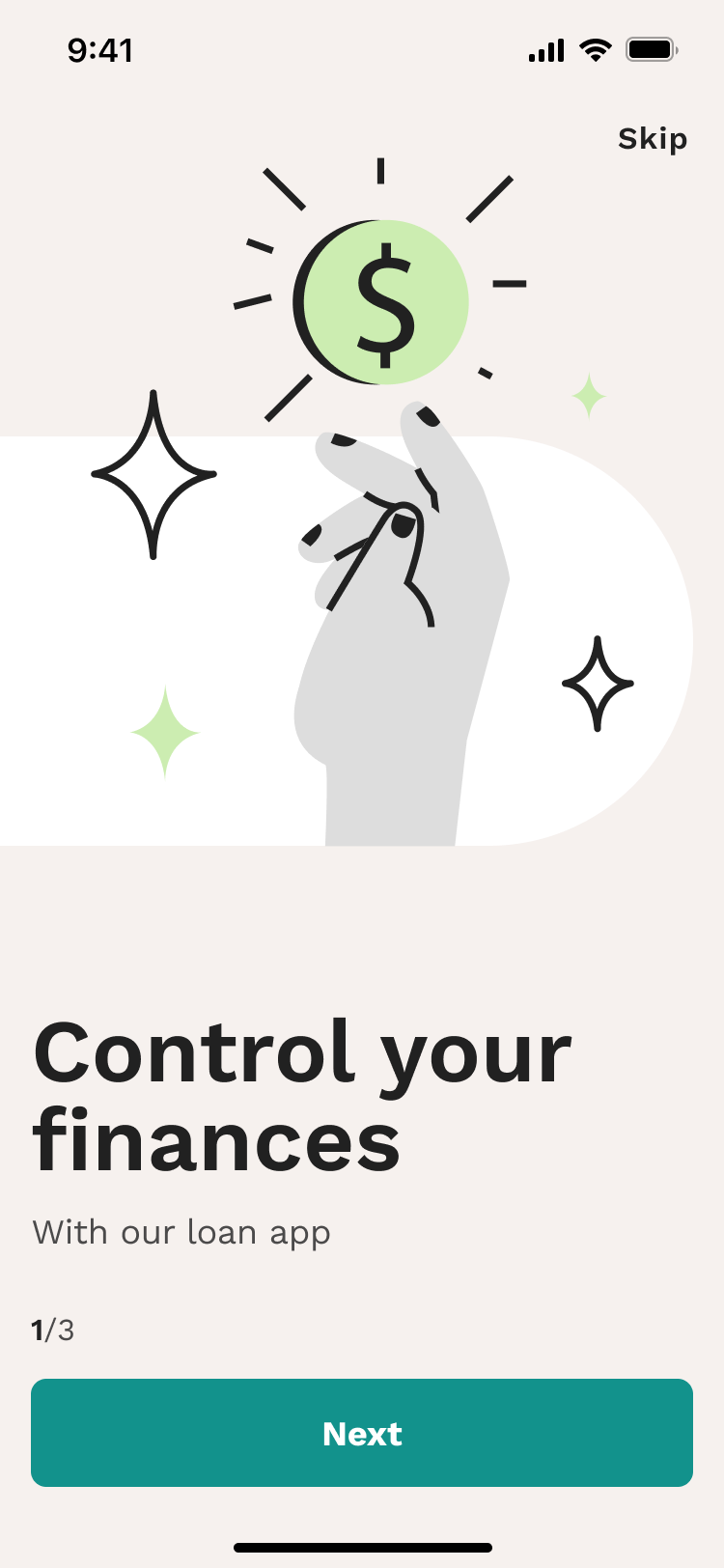 App onboarding screen: Control your finances with our loan app